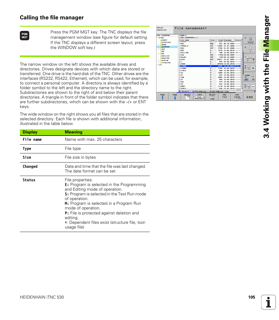 Calling the file manager, 4 w o rk ing with the file manag e r | HEIDENHAIN iTNC 530 (606 42x-01) ISO programming User Manual | Page 105 / 618