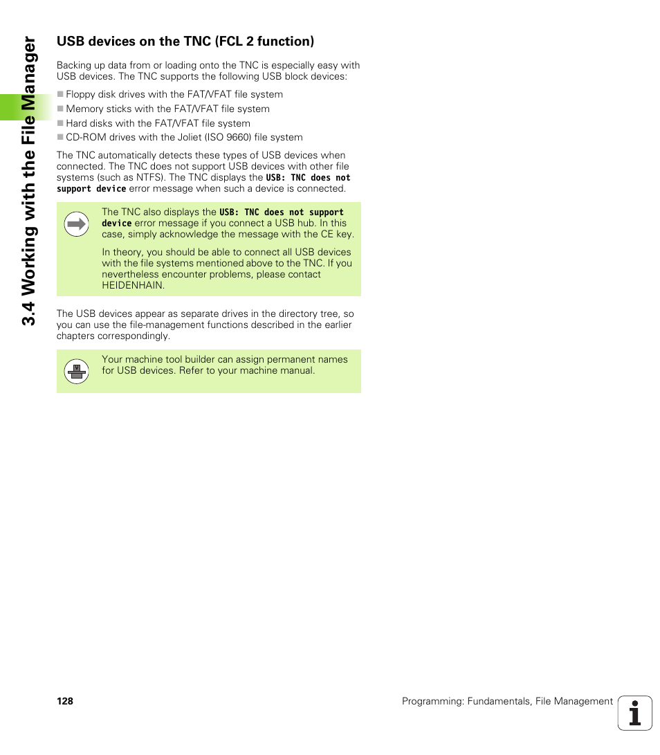 Usb devices on the tnc (fcl 2 function), 4 w o rk ing with the file manag e r | HEIDENHAIN iTNC 530 (606 42x-01) ISO programming User Manual | Page 128 / 618