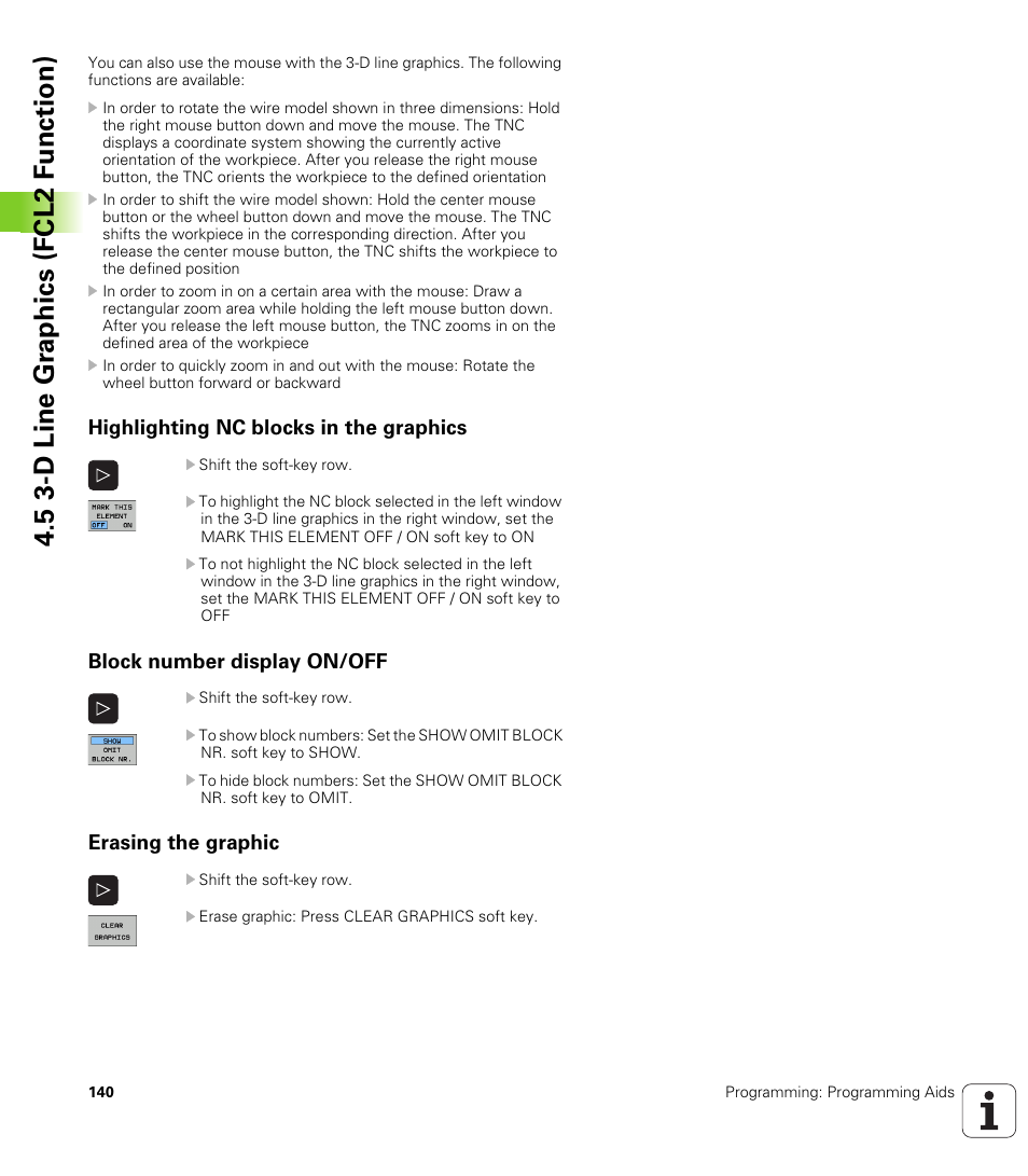 Highlighting nc blocks in the graphics, Block number display on/off, Erasing the graphic | 5 3-d line gr aphics (fcl2 f u nction) | HEIDENHAIN iTNC 530 (606 42x-01) ISO programming User Manual | Page 140 / 618