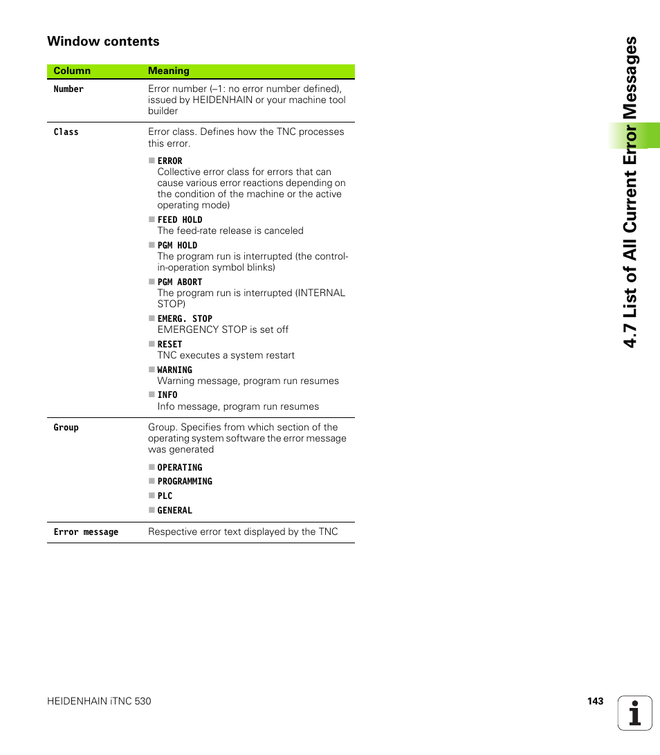Window contents, 7 list of all cur rent er ro r messag es | HEIDENHAIN iTNC 530 (606 42x-01) ISO programming User Manual | Page 143 / 618