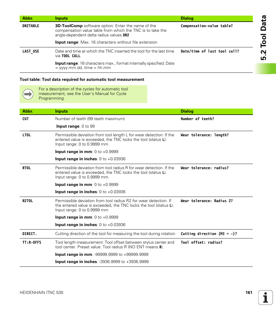 2 t ool d a ta | HEIDENHAIN iTNC 530 (606 42x-01) ISO programming User Manual | Page 161 / 618