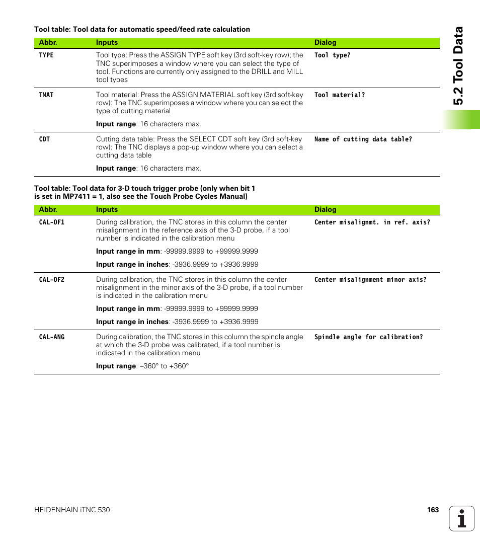 2 t ool d a ta | HEIDENHAIN iTNC 530 (606 42x-01) ISO programming User Manual | Page 163 / 618