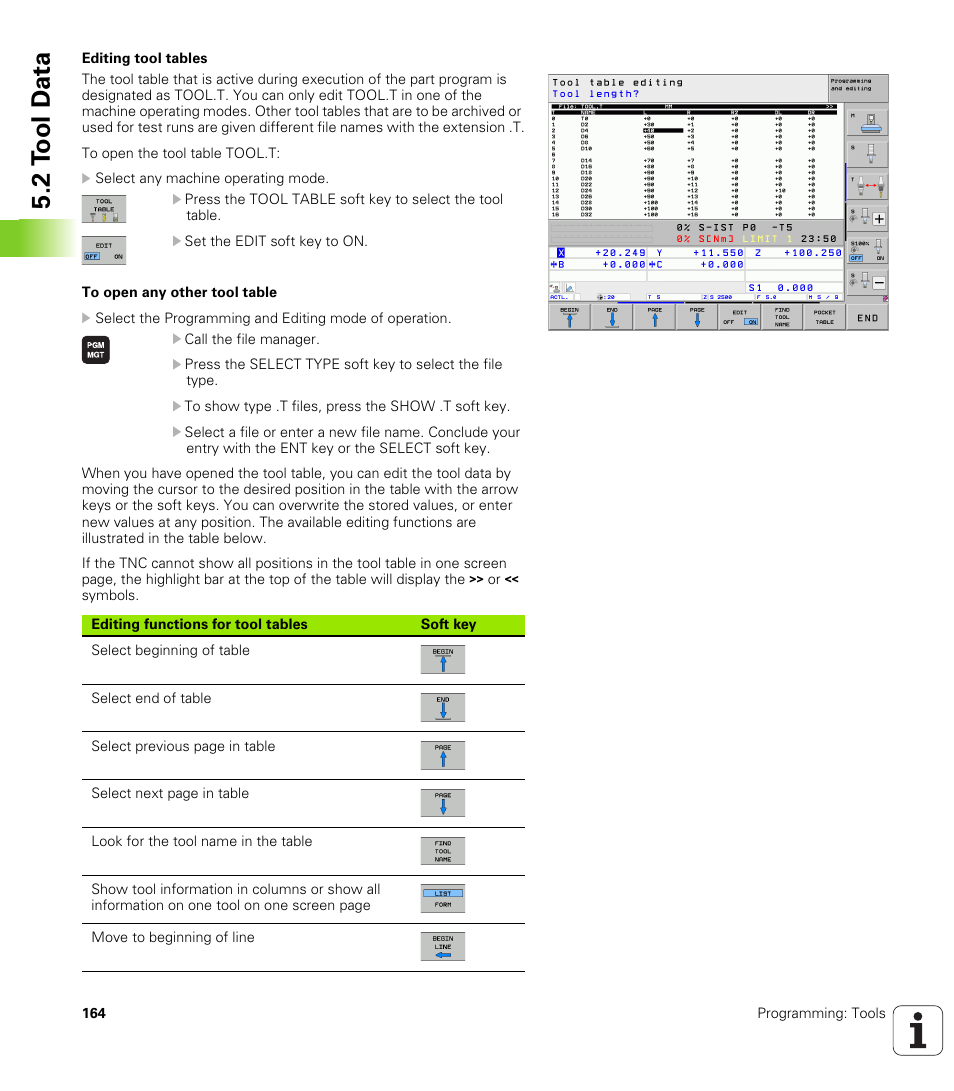 See “editing tool, 2 t ool d a ta | HEIDENHAIN iTNC 530 (606 42x-01) ISO programming User Manual | Page 164 / 618