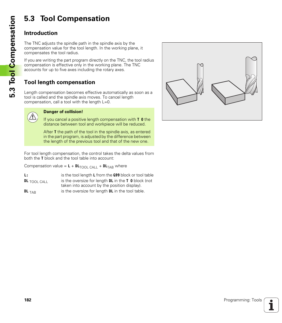 3 tool compensation, Introduction, Tool length compensation | 3 t ool compensation 5.3 tool compensation | HEIDENHAIN iTNC 530 (606 42x-01) ISO programming User Manual | Page 182 / 618