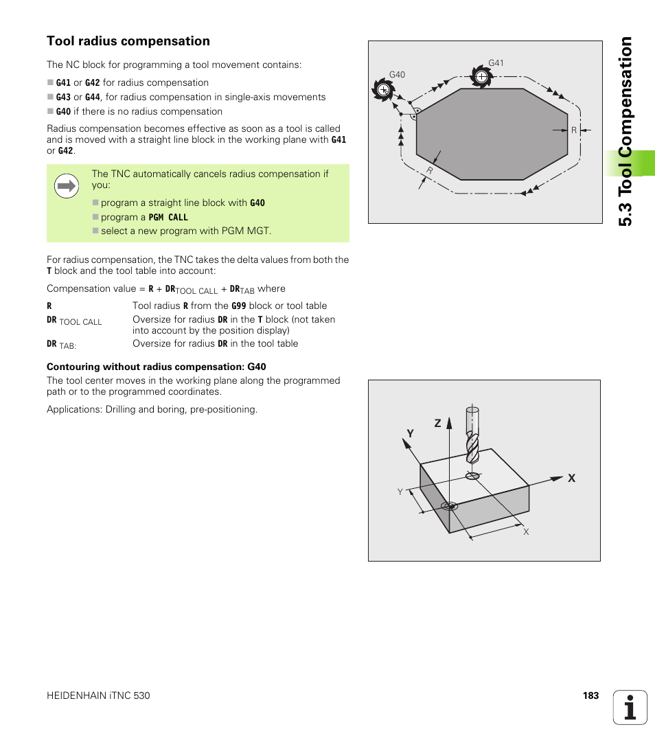 Tool radius compensation, 3 t ool compensation | HEIDENHAIN iTNC 530 (606 42x-01) ISO programming User Manual | Page 183 / 618
