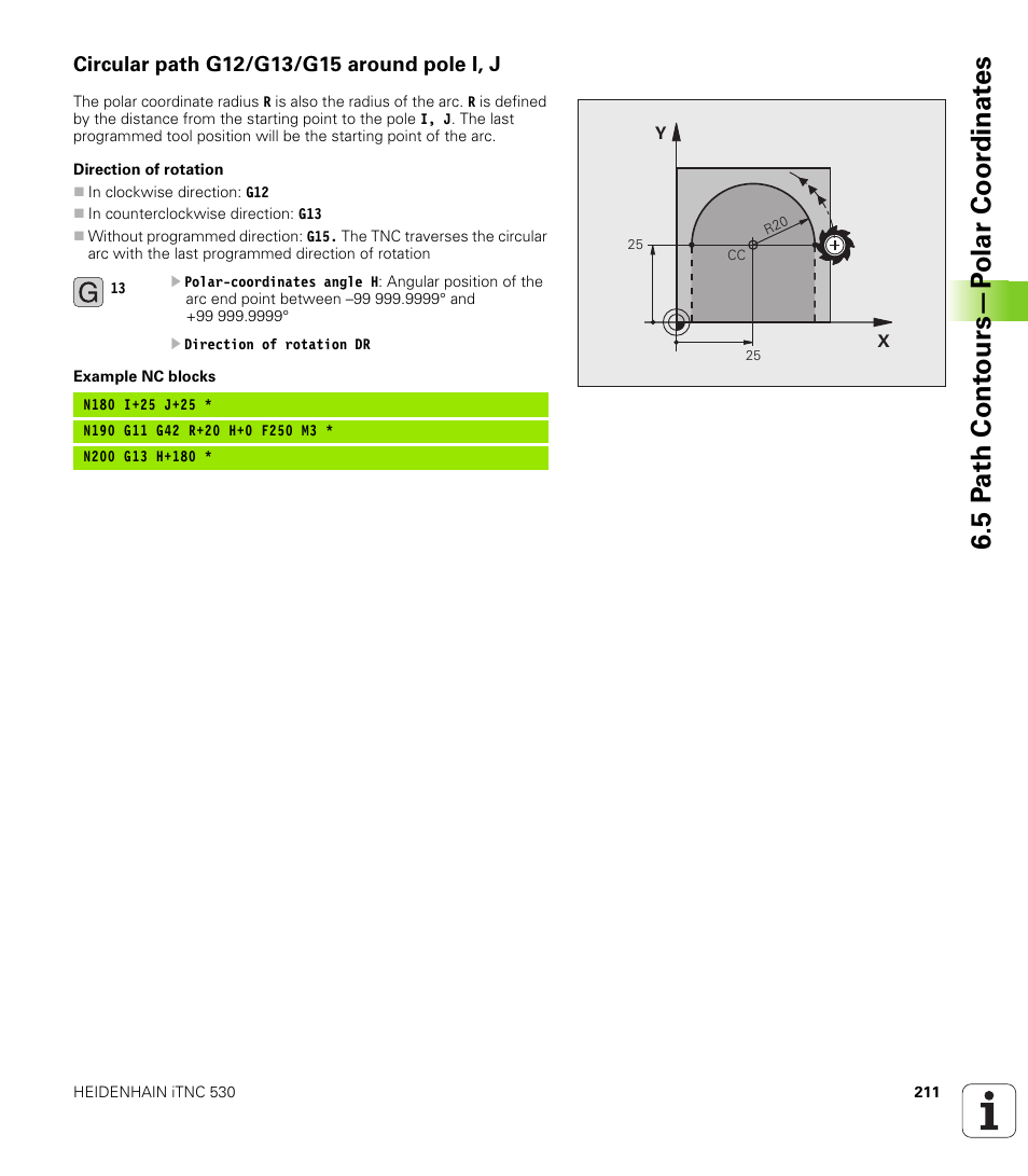 Circular path g12/g13/g15 around pole i, j, 5 p a th cont ours—p o lar coor dinat e s | HEIDENHAIN iTNC 530 (606 42x-01) ISO programming User Manual | Page 211 / 618