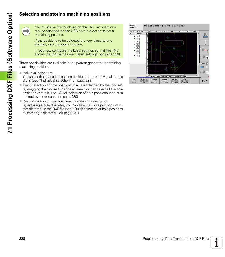 Selecting and storing machining positions, 1 pr ocessing dxf files (sof tw ar e option) | HEIDENHAIN iTNC 530 (606 42x-01) ISO programming User Manual | Page 228 / 618
