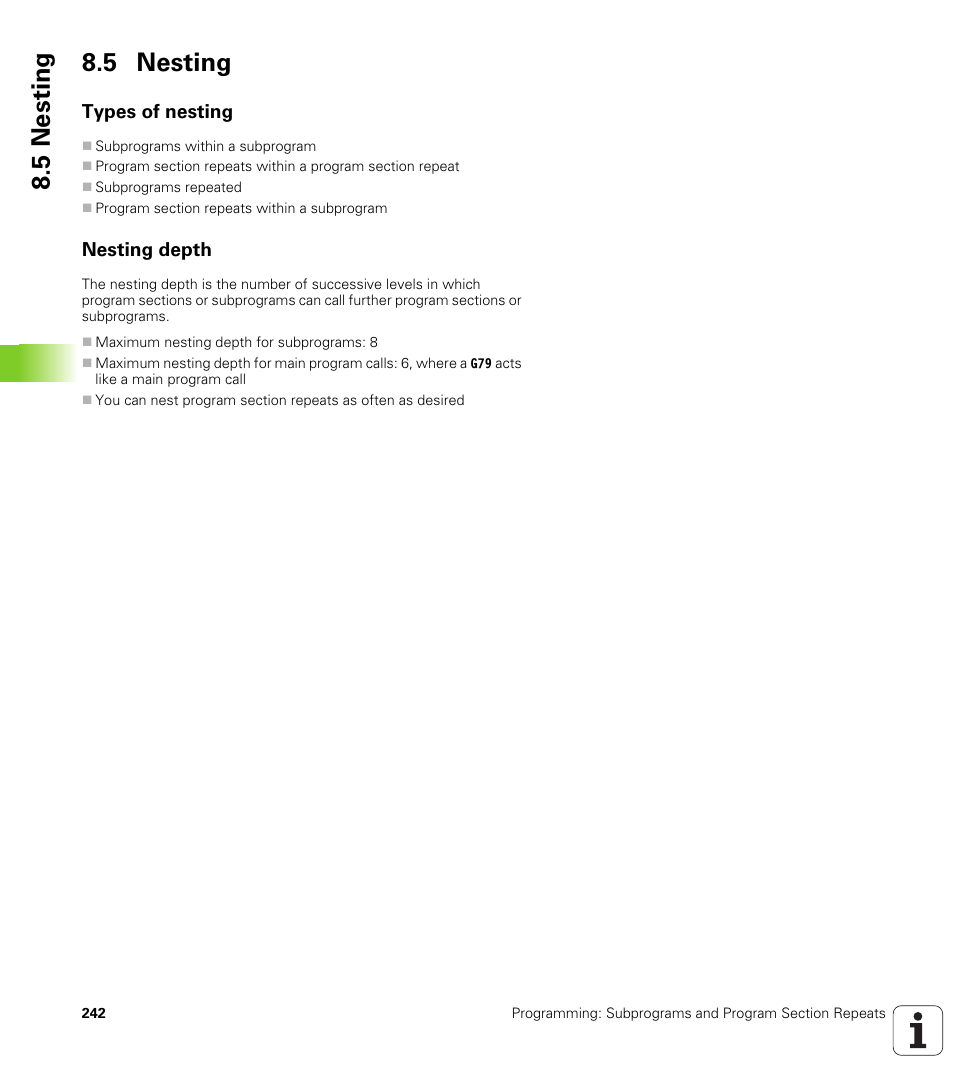 5 nesting, Types of nesting, Nesting depth | HEIDENHAIN iTNC 530 (606 42x-01) ISO programming User Manual | Page 242 / 618
