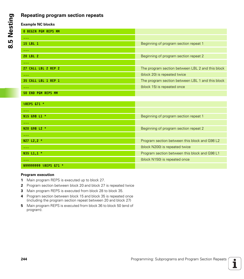 Repeating program section repeats, 5 nesting | HEIDENHAIN iTNC 530 (606 42x-01) ISO programming User Manual | Page 244 / 618