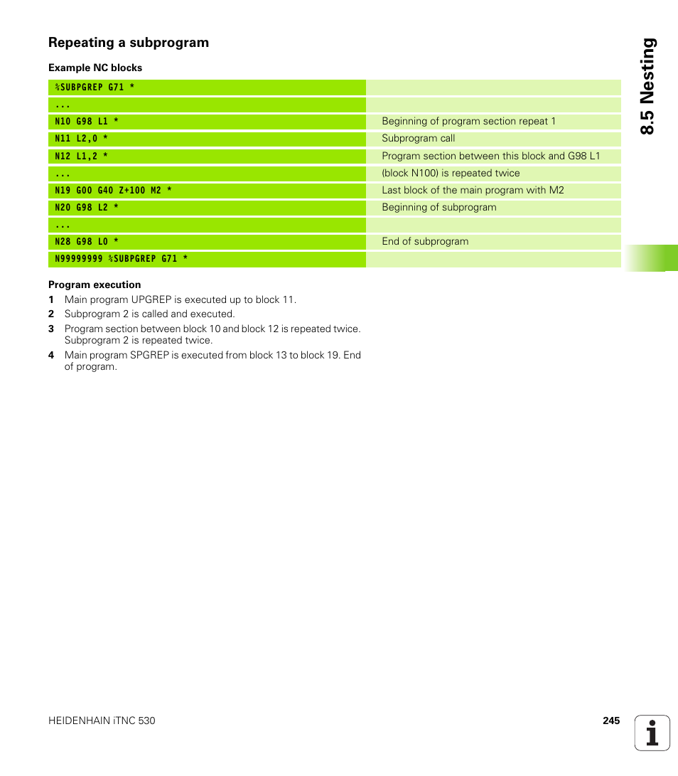 Repeating a subprogram, 5 nesting | HEIDENHAIN iTNC 530 (606 42x-01) ISO programming User Manual | Page 245 / 618