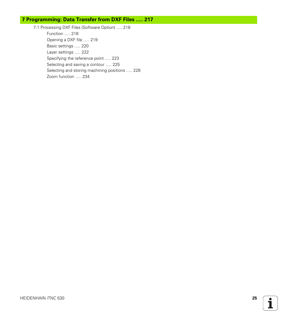 7 programming: data transfer from dxf files, Programming: miscellaneous functions | HEIDENHAIN iTNC 530 (606 42x-01) ISO programming User Manual | Page 25 / 618
