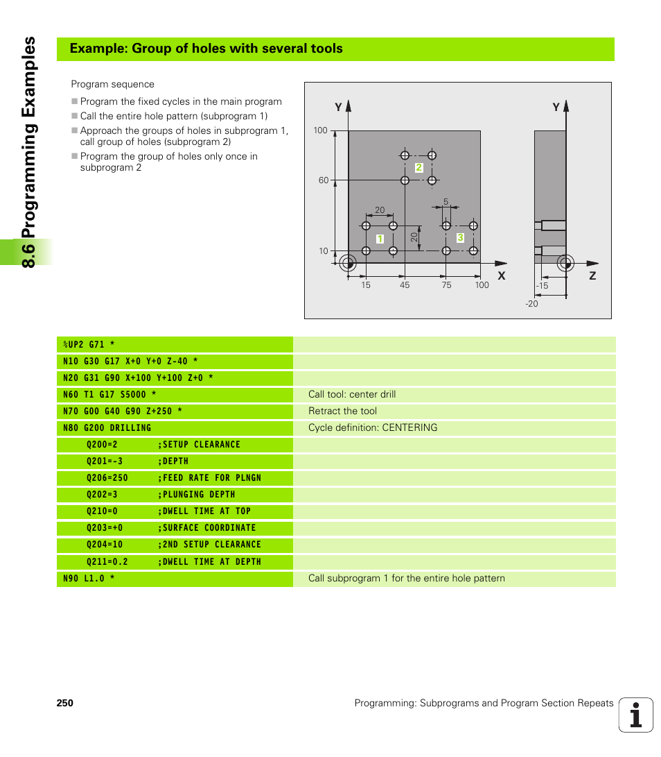6 pr ogr amming examples, Example: group of holes with several tools | HEIDENHAIN iTNC 530 (606 42x-01) ISO programming User Manual | Page 250 / 618