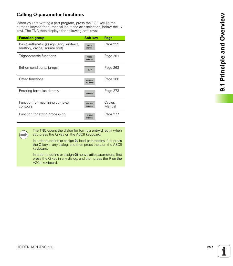 Calling q-parameter functions, 1 pr inciple and ov erview | HEIDENHAIN iTNC 530 (606 42x-01) ISO programming User Manual | Page 257 / 618