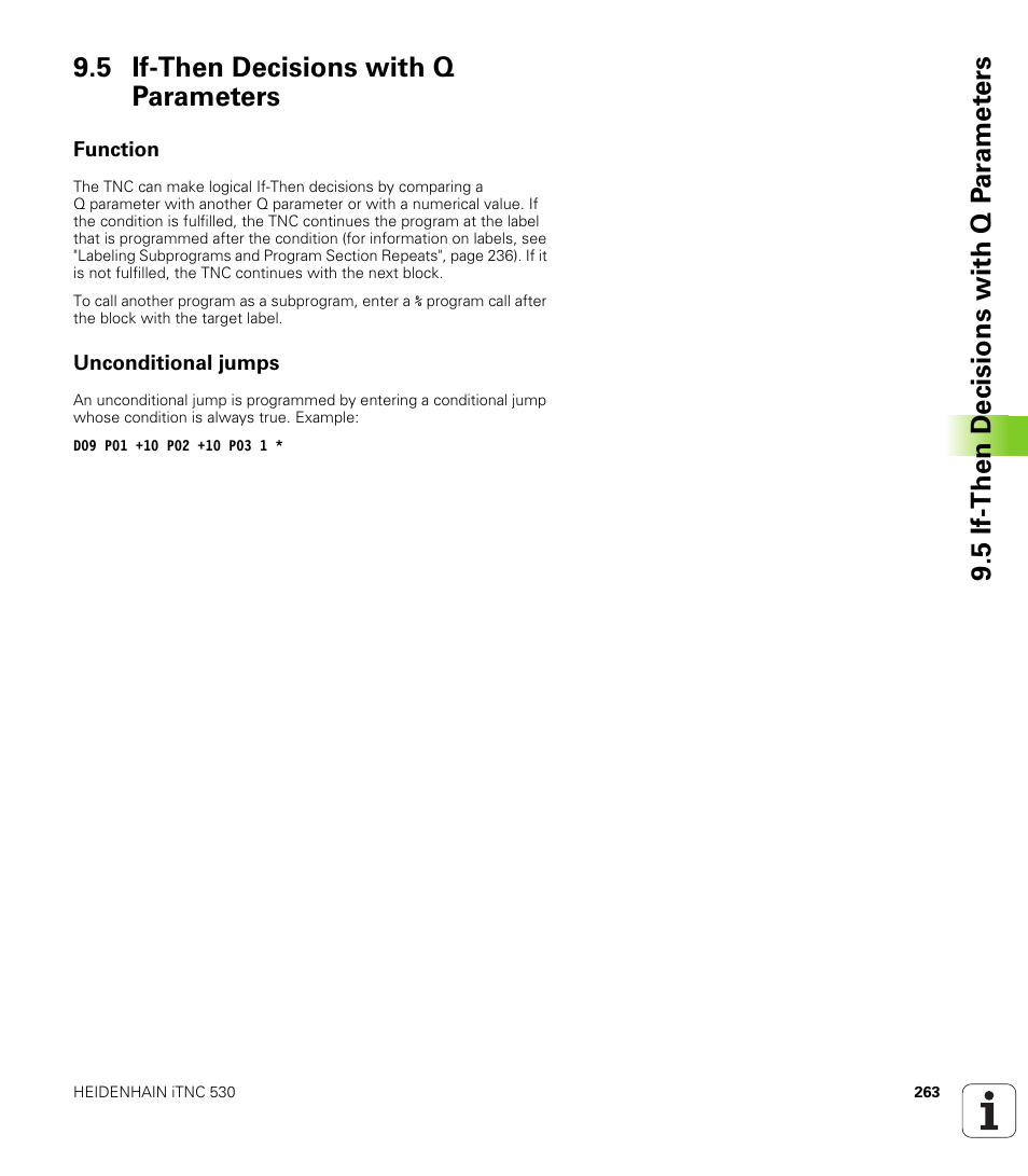 5 if-then decisions with q parameters, Function, Unconditional jumps | HEIDENHAIN iTNC 530 (606 42x-01) ISO programming User Manual | Page 263 / 618