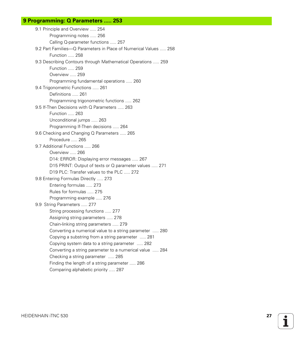 9 programming: q parameters | HEIDENHAIN iTNC 530 (606 42x-01) ISO programming User Manual | Page 27 / 618