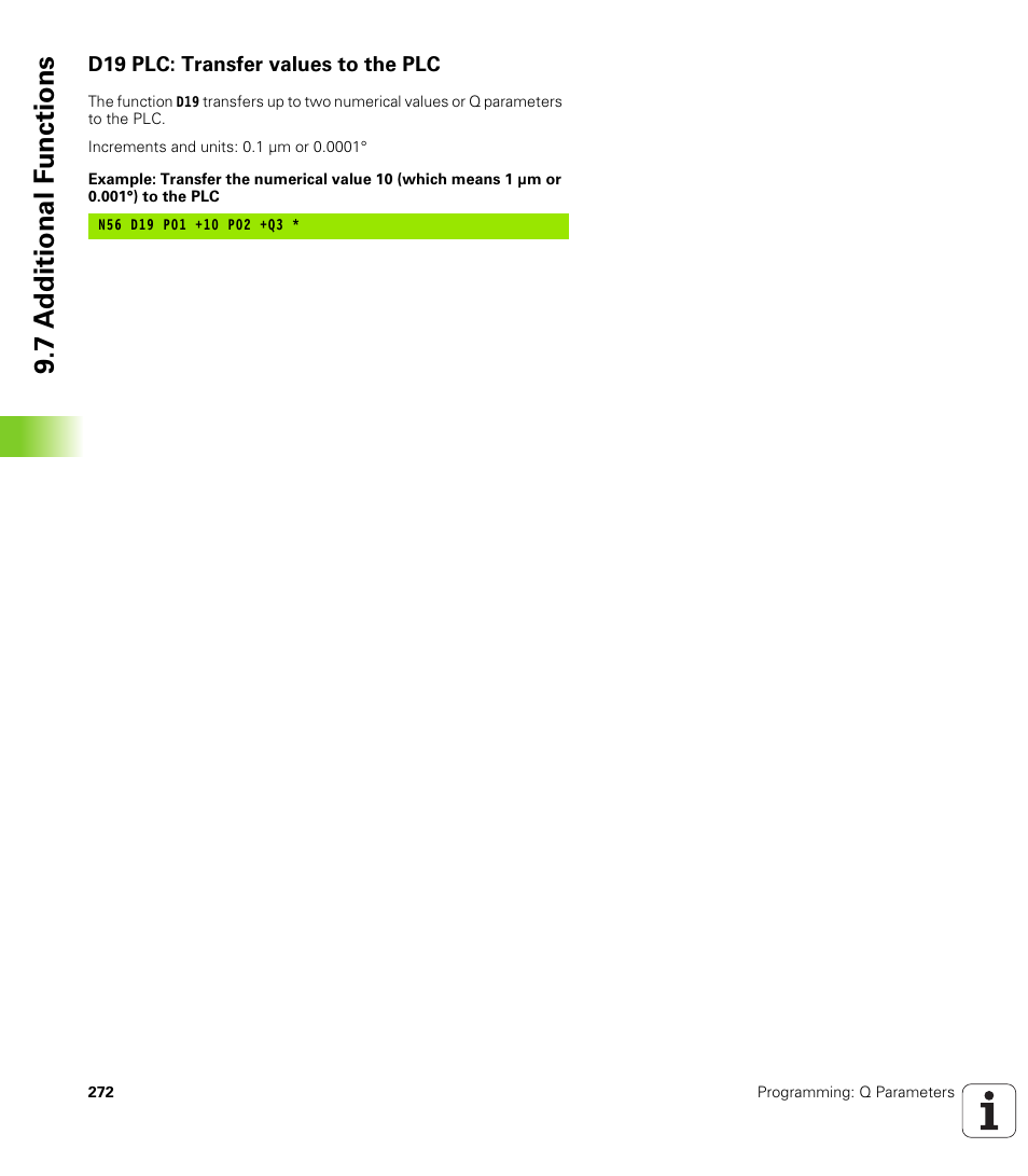 D19 plc: transfer values to the plc, 7 a d ditional f unctions | HEIDENHAIN iTNC 530 (606 42x-01) ISO programming User Manual | Page 272 / 618