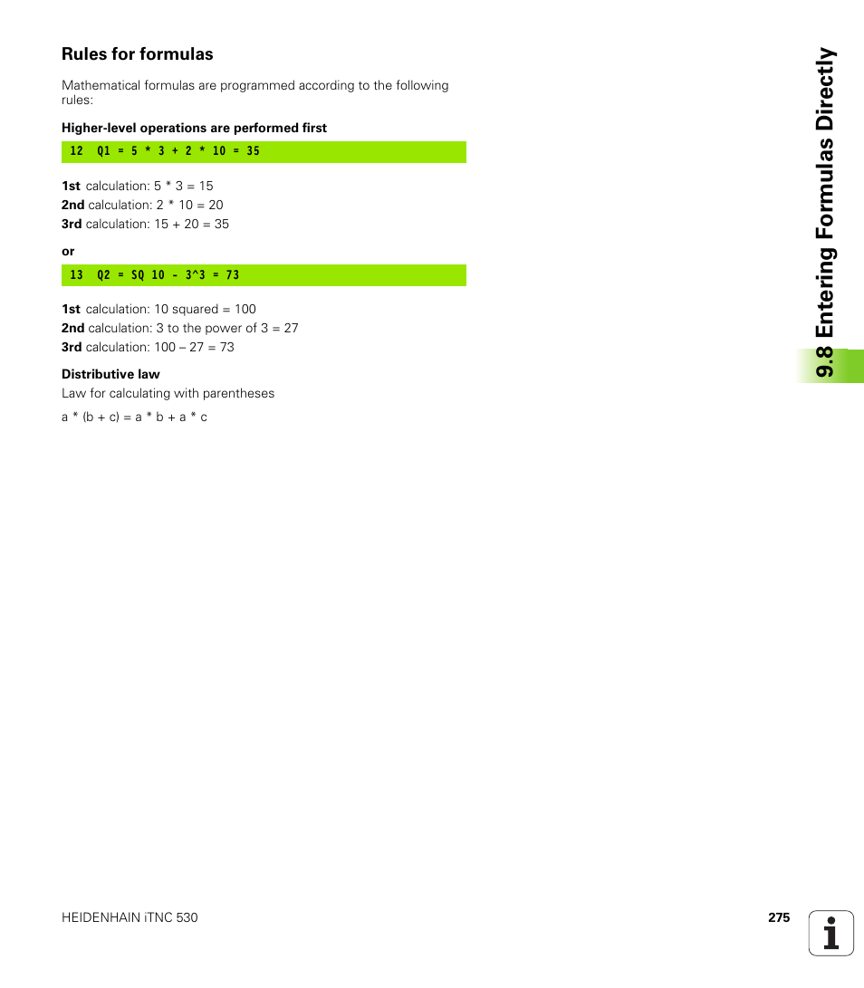 Rules for formulas, 8 ent er ing f o rm ulas dir e ctly | HEIDENHAIN iTNC 530 (606 42x-01) ISO programming User Manual | Page 275 / 618