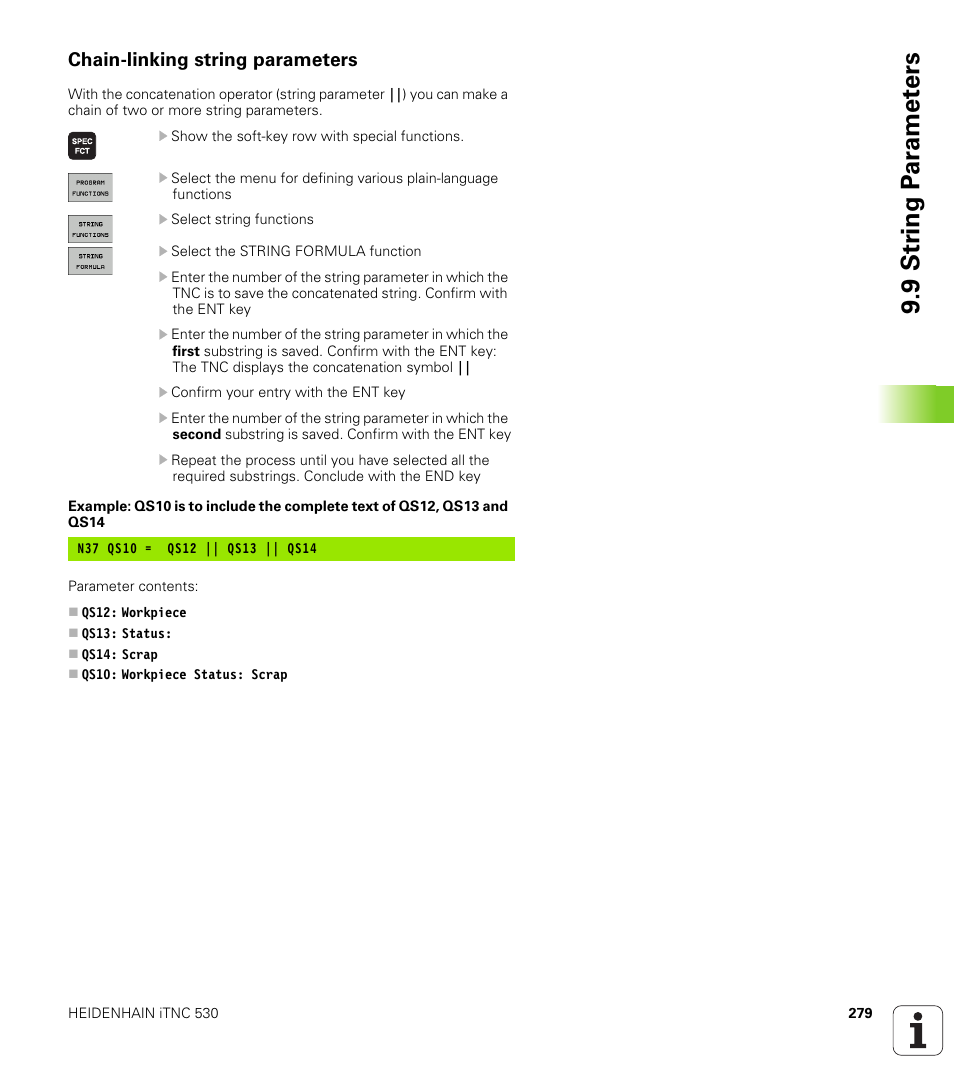 Chain-linking string parameters, 9 str ing p a ra met e rs | HEIDENHAIN iTNC 530 (606 42x-01) ISO programming User Manual | Page 279 / 618
