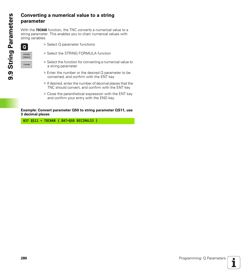 Converting a numerical value to a string parameter, 9 str ing p a ra met e rs | HEIDENHAIN iTNC 530 (606 42x-01) ISO programming User Manual | Page 280 / 618