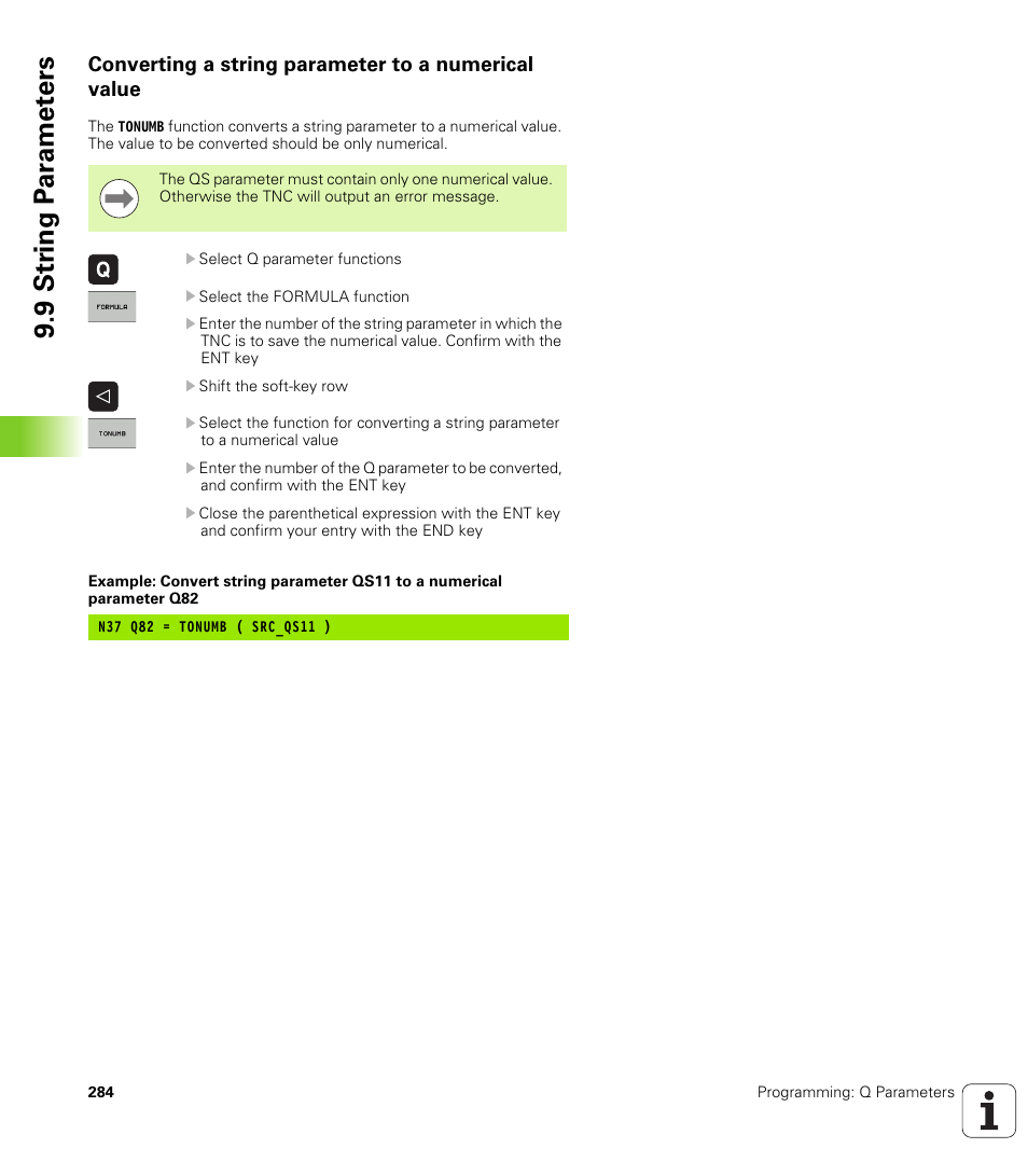 Converting a string parameter to a numerical value, 9 str ing p a ra met e rs | HEIDENHAIN iTNC 530 (606 42x-01) ISO programming User Manual | Page 284 / 618