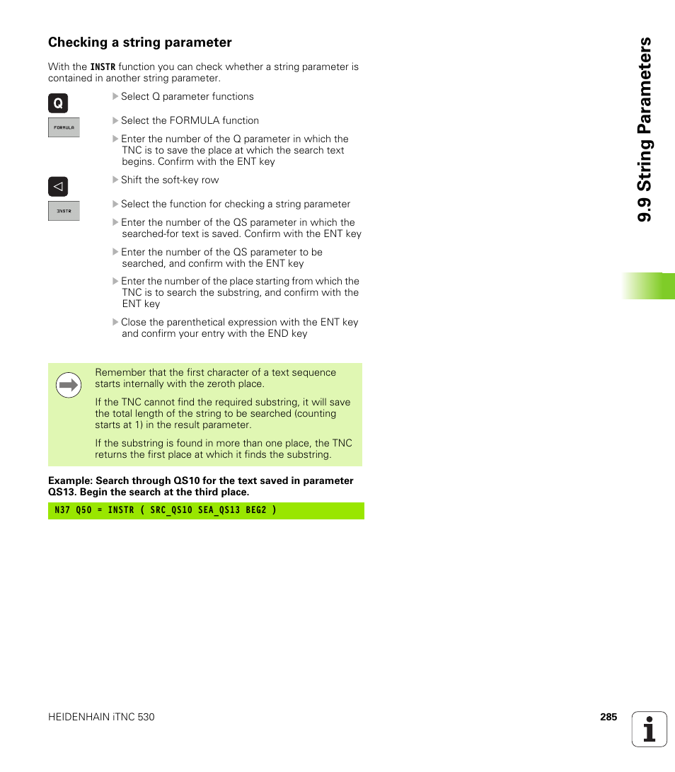 Checking a string parameter, 9 str ing p a ra met e rs | HEIDENHAIN iTNC 530 (606 42x-01) ISO programming User Manual | Page 285 / 618