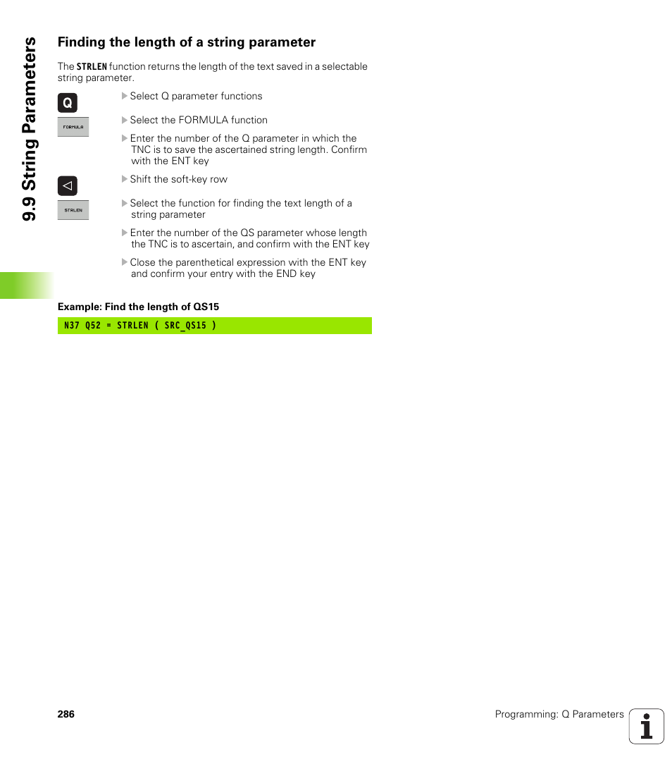 Finding the length of a string parameter, 9 str ing p a ra met e rs | HEIDENHAIN iTNC 530 (606 42x-01) ISO programming User Manual | Page 286 / 618