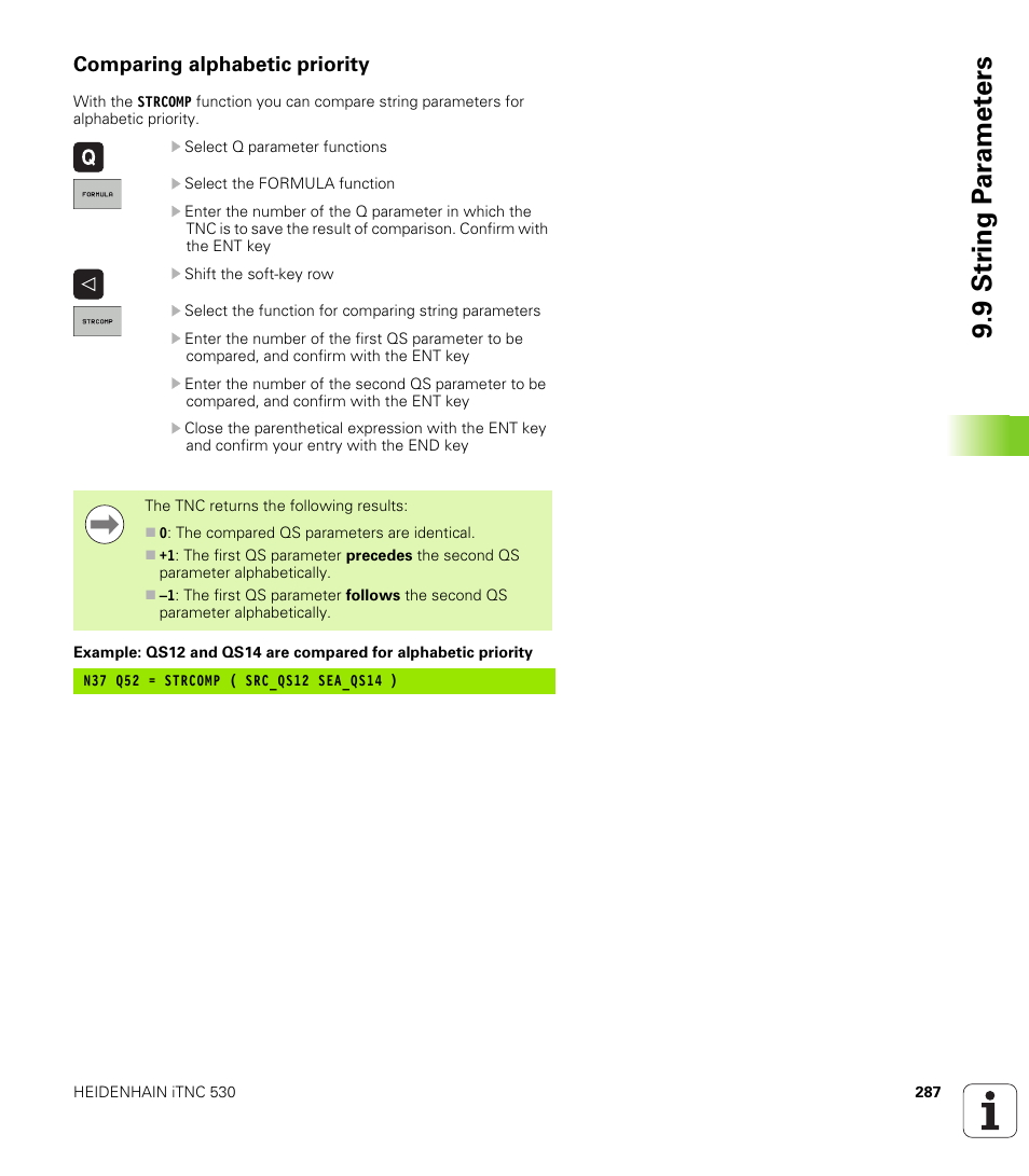 Comparing alphabetic priority, 9 str ing p a ra met e rs | HEIDENHAIN iTNC 530 (606 42x-01) ISO programming User Manual | Page 287 / 618
