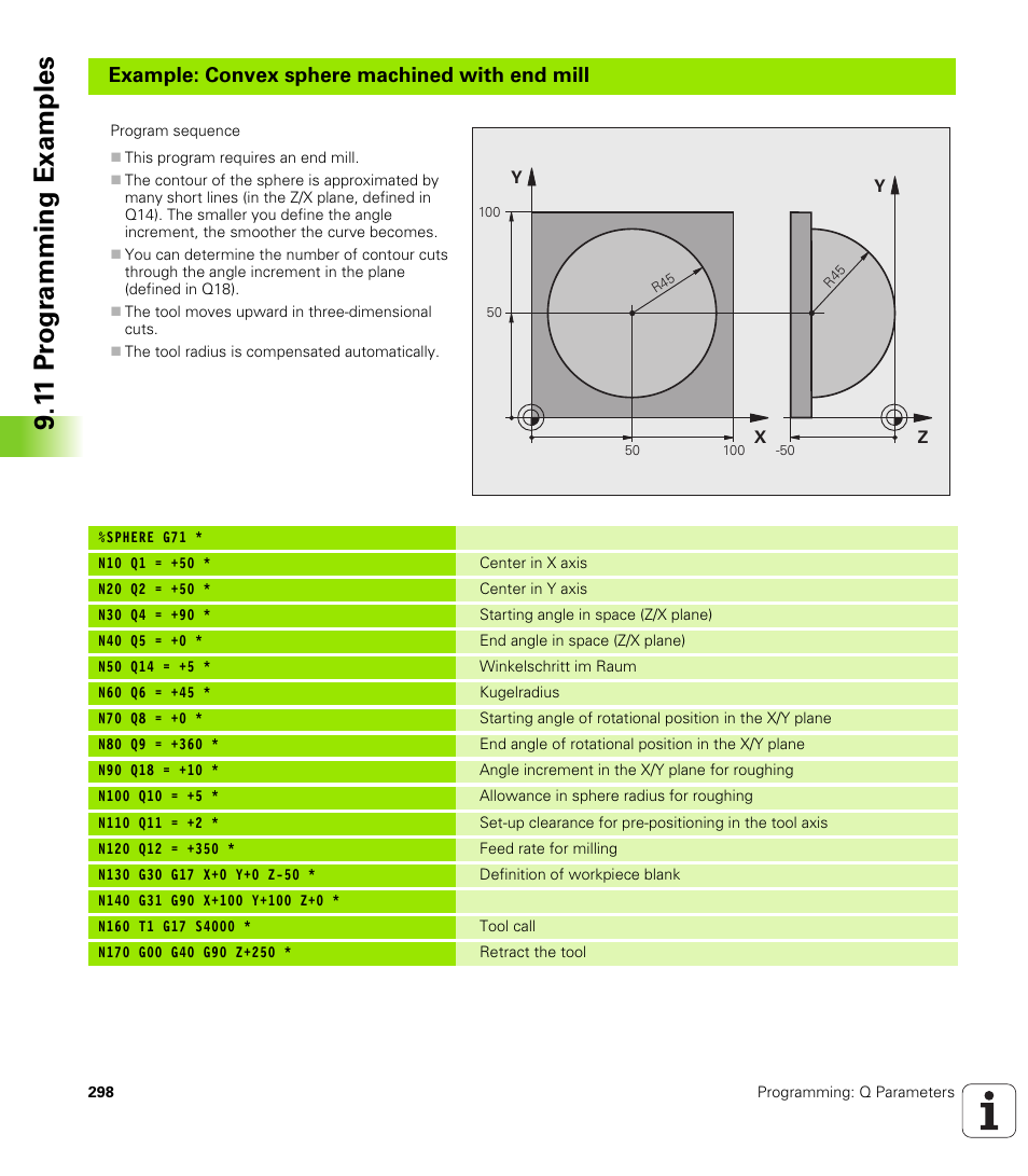 1 1 pr ogr amming examples, Example: convex sphere machined with end mill | HEIDENHAIN iTNC 530 (606 42x-01) ISO programming User Manual | Page 298 / 618