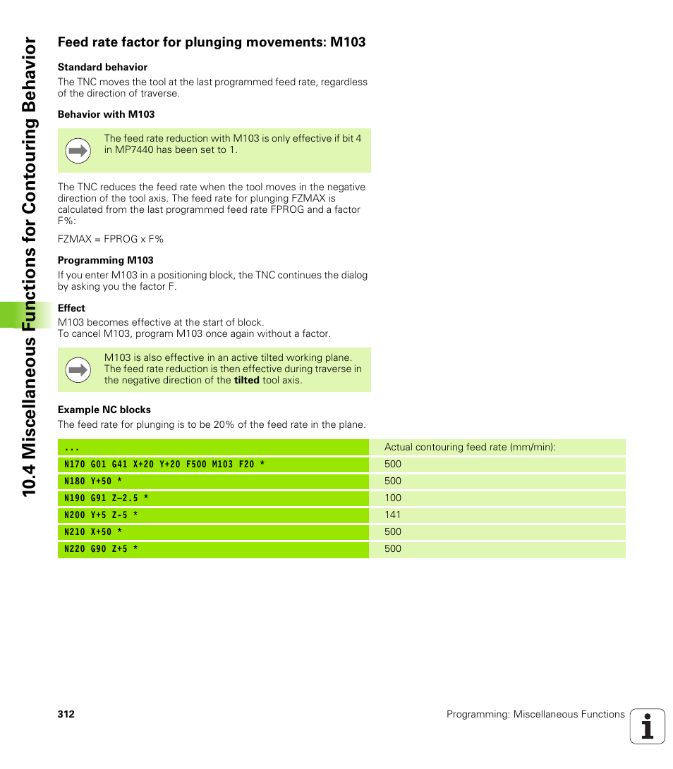 Feed rate factor for plunging movements: m103 | HEIDENHAIN iTNC 530 (606 42x-01) ISO programming User Manual | Page 312 / 618