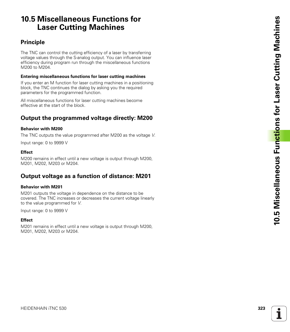 Principle, Output the programmed voltage directly: m200, Output voltage as a function of distance: m201 | HEIDENHAIN iTNC 530 (606 42x-01) ISO programming User Manual | Page 323 / 618