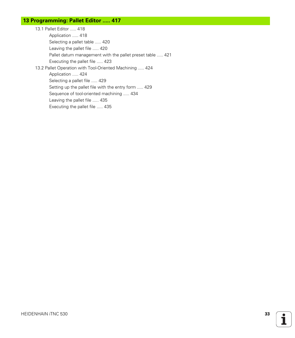 13 programming: pallet editor, Programming: multiple axis machining | HEIDENHAIN iTNC 530 (606 42x-01) ISO programming User Manual | Page 33 / 618