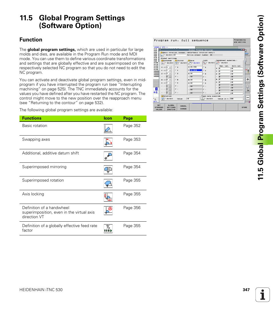 5 global program settings (software option), Function | HEIDENHAIN iTNC 530 (606 42x-01) ISO programming User Manual | Page 347 / 618