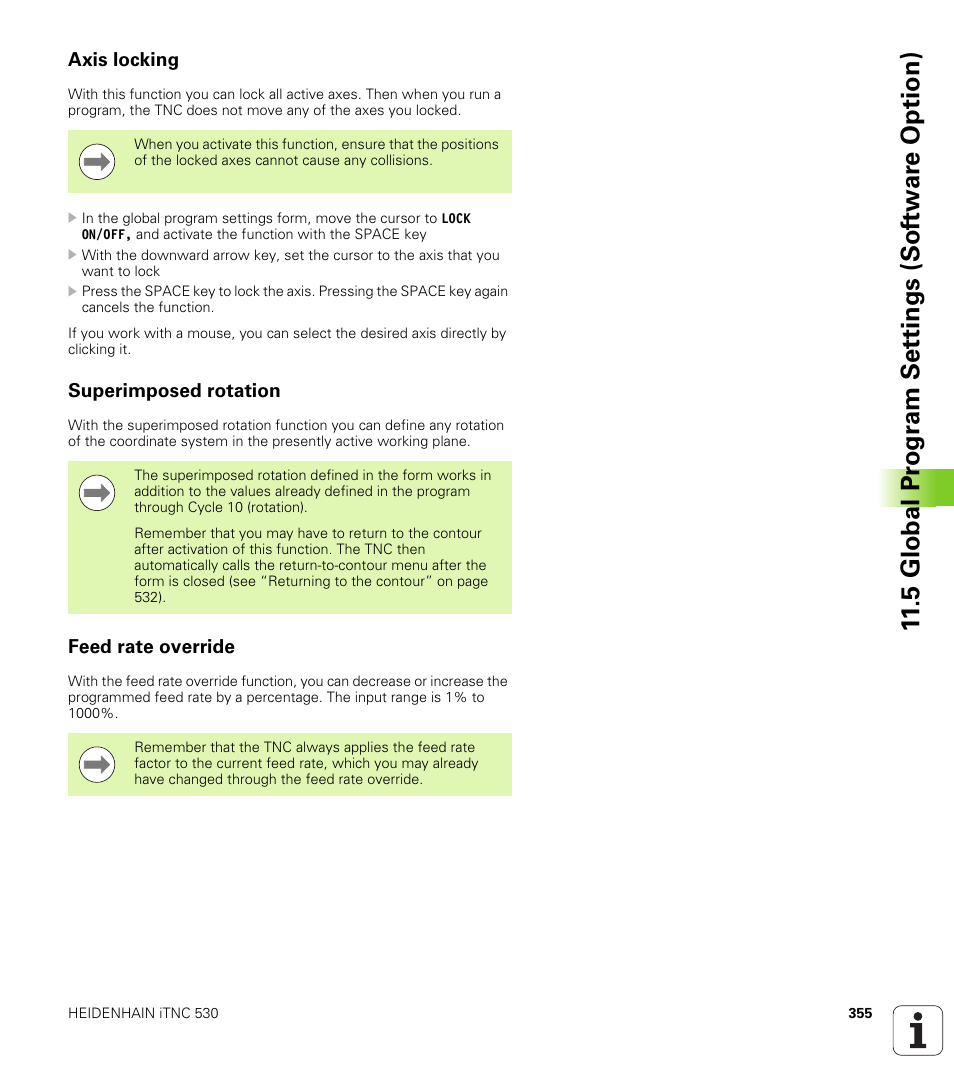 Axis locking, Superimposed rotation, Feed rate override | 5 global pr ogr a m set tings (sof tw ar e option) | HEIDENHAIN iTNC 530 (606 42x-01) ISO programming User Manual | Page 355 / 618