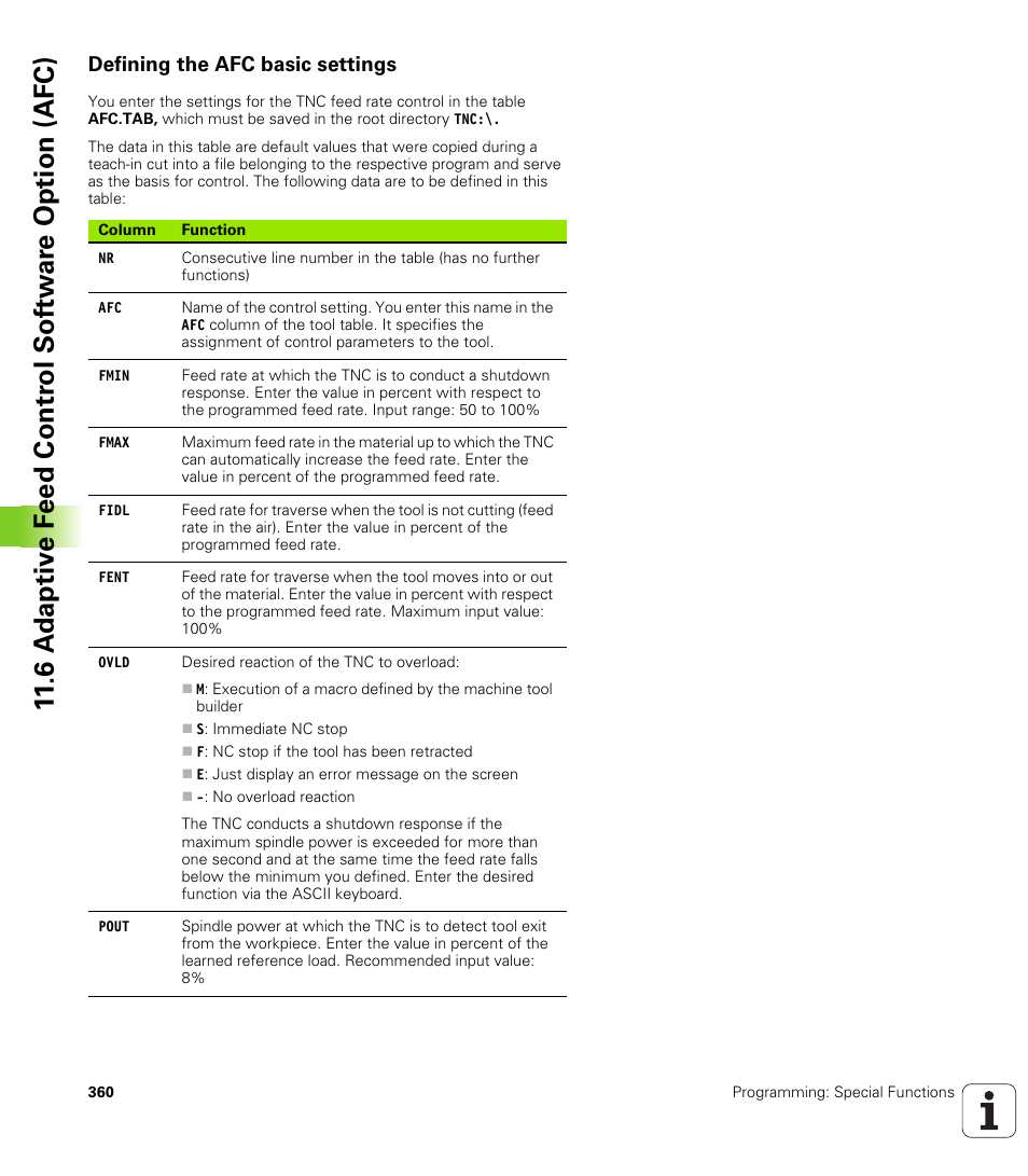 Defining the afc basic settings | HEIDENHAIN iTNC 530 (606 42x-01) ISO programming User Manual | Page 360 / 618