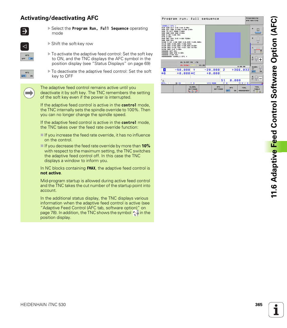 Activating/deactivating afc | HEIDENHAIN iTNC 530 (606 42x-01) ISO programming User Manual | Page 365 / 618