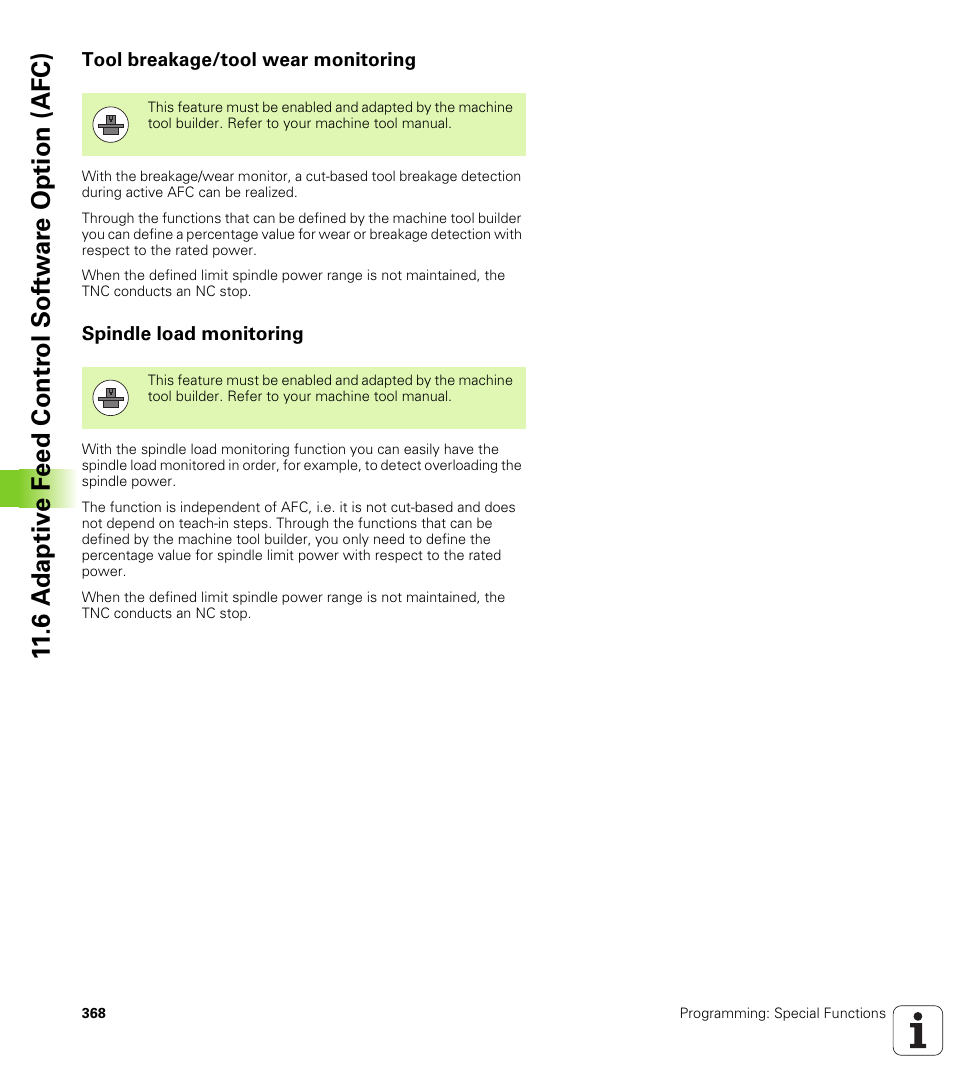 Tool breakage/tool wear monitoring, Spindle load monitoring | HEIDENHAIN iTNC 530 (606 42x-01) ISO programming User Manual | Page 368 / 618