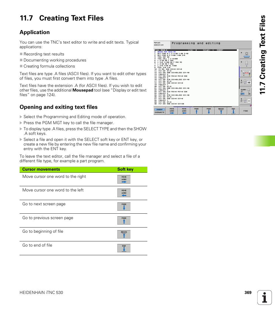 7 creating text files, Application, Opening and exiting text files | 7 cr eating t ext files 11.7 creating text files | HEIDENHAIN iTNC 530 (606 42x-01) ISO programming User Manual | Page 369 / 618