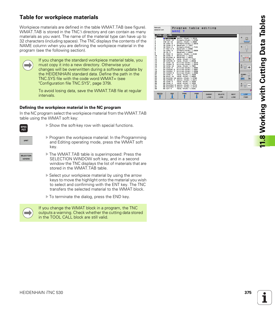 Table for workpiece materials, 8 w o rk ing with cut ting d a ta t a bles | HEIDENHAIN iTNC 530 (606 42x-01) ISO programming User Manual | Page 375 / 618
