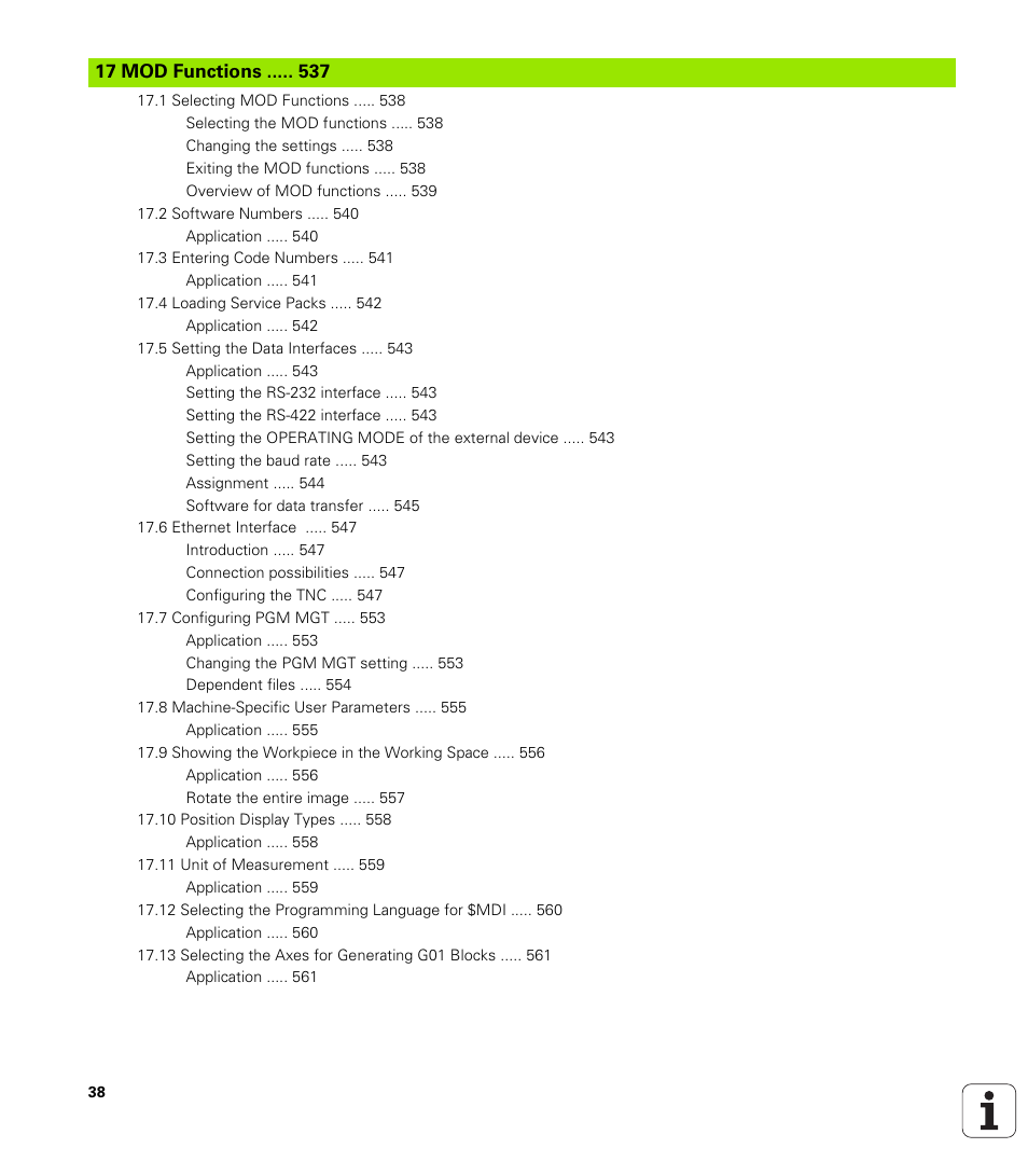 17 mod functions, Mod functions | HEIDENHAIN iTNC 530 (606 42x-01) ISO programming User Manual | Page 38 / 618