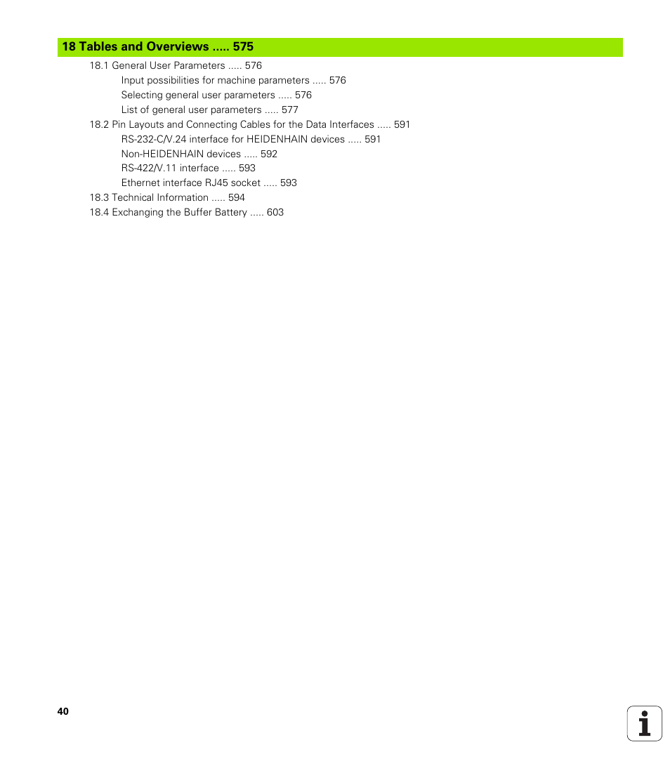 18 tables and overviews, Tables and overviews | HEIDENHAIN iTNC 530 (606 42x-01) ISO programming User Manual | Page 40 / 618