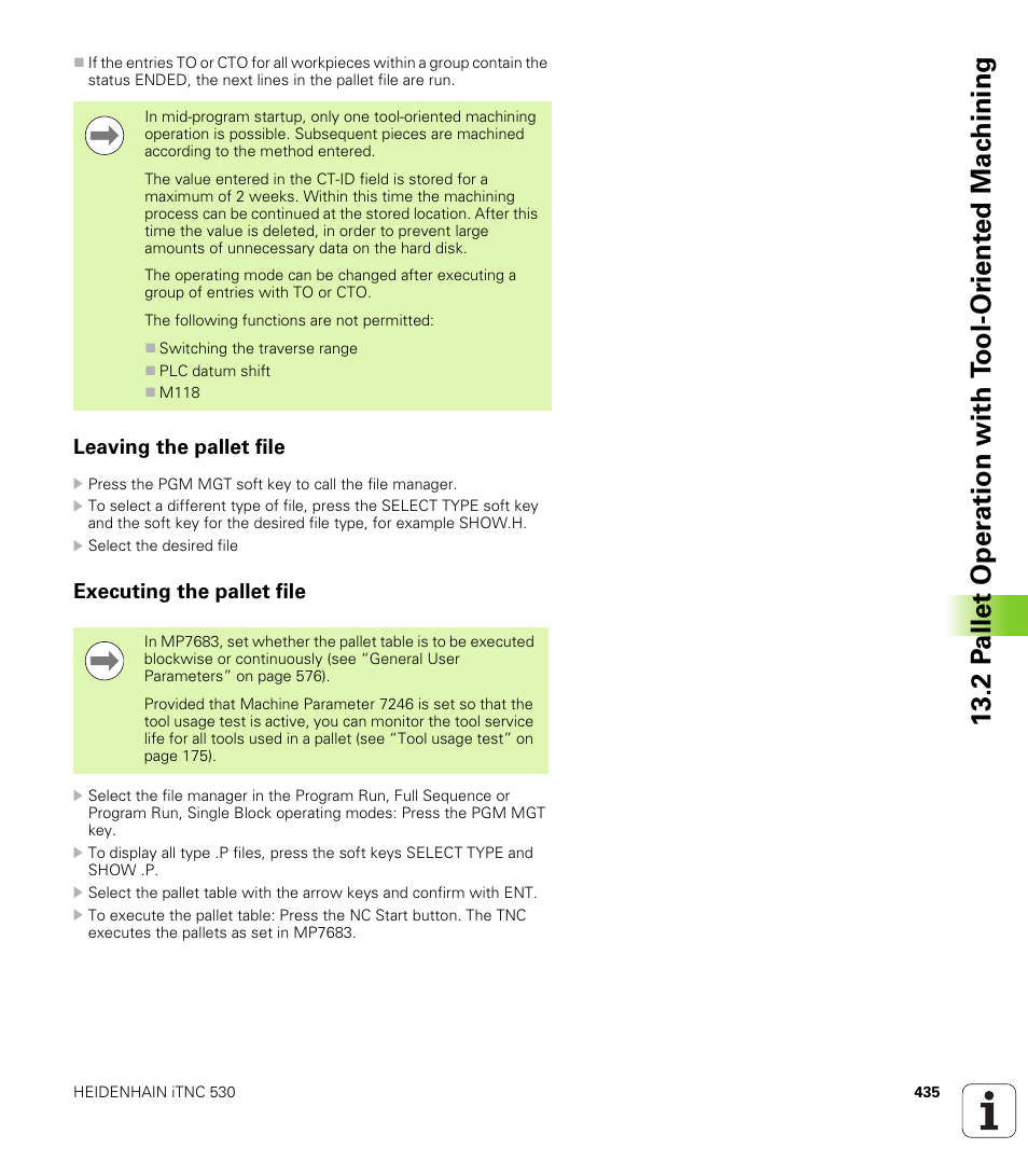 Leaving the pallet file, Executing the pallet file | HEIDENHAIN iTNC 530 (606 42x-01) ISO programming User Manual | Page 435 / 618