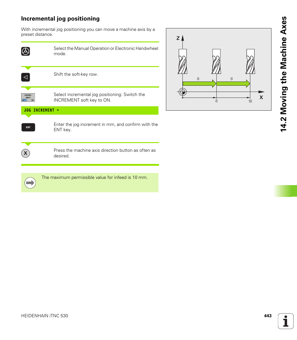 Incremental jog positioning, 2 mo ving the mac h ine ax es | HEIDENHAIN iTNC 530 (606 42x-01) ISO programming User Manual | Page 443 / 618