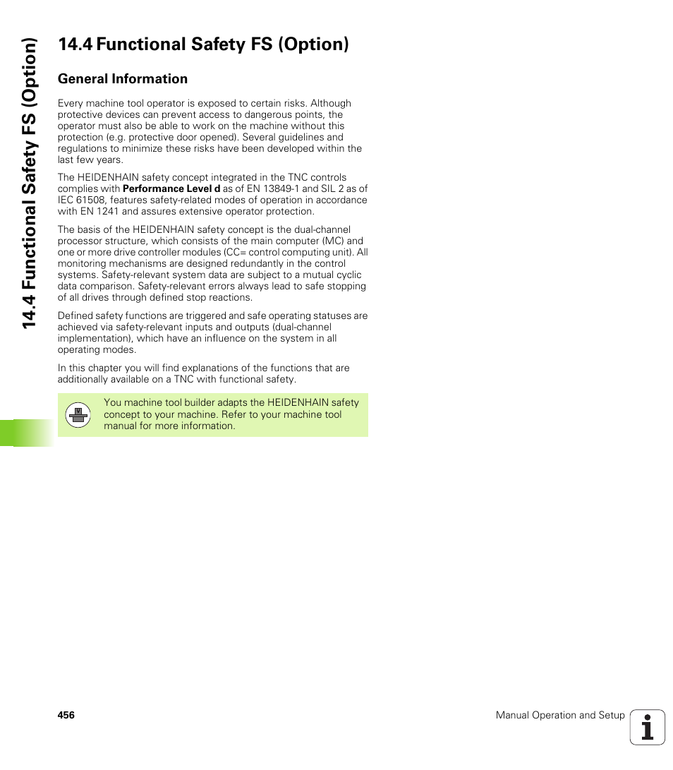 4 functional safety fs (option), General information | HEIDENHAIN iTNC 530 (606 42x-01) ISO programming User Manual | Page 456 / 618