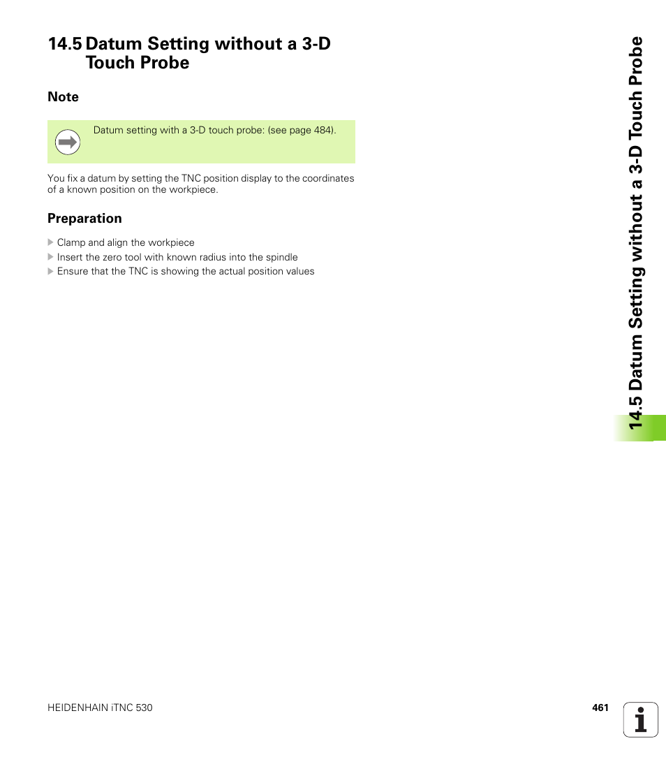 5 datum setting without a 3-d touch probe, Note, Preparation | HEIDENHAIN iTNC 530 (606 42x-01) ISO programming User Manual | Page 461 / 618