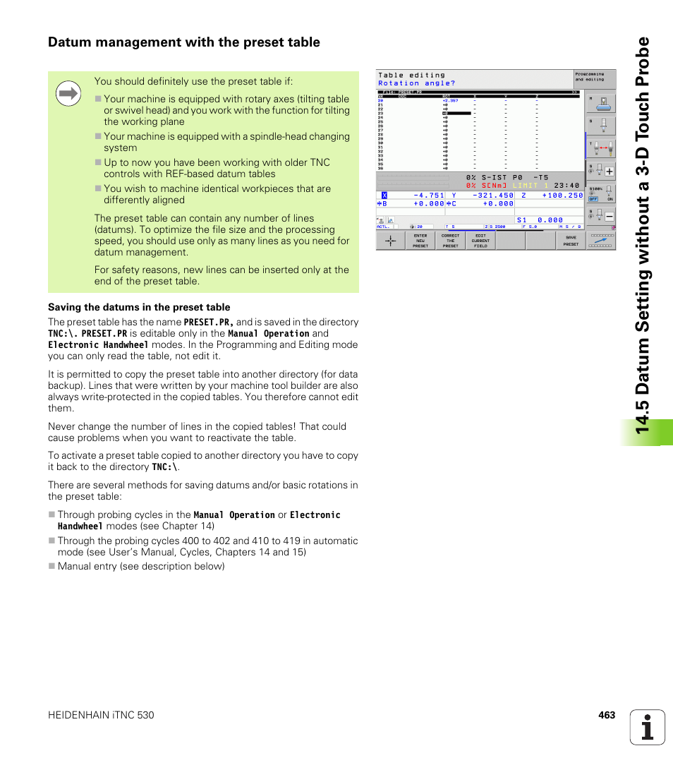 Datum management with the preset table, 5 d a tu m set ting without a 3-d t o uc h pr obe | HEIDENHAIN iTNC 530 (606 42x-01) ISO programming User Manual | Page 463 / 618
