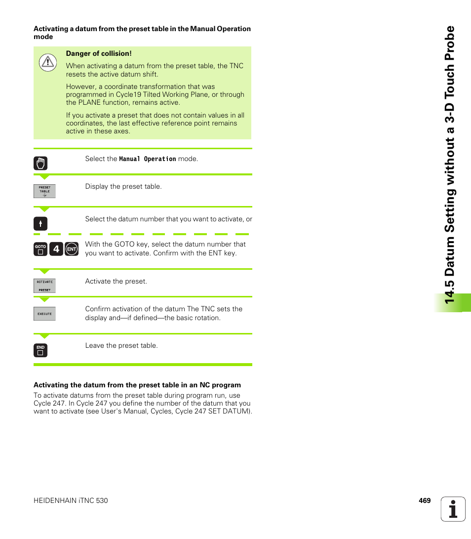 5 d a tu m set ting without a 3-d t o uc h pr obe | HEIDENHAIN iTNC 530 (606 42x-01) ISO programming User Manual | Page 469 / 618
