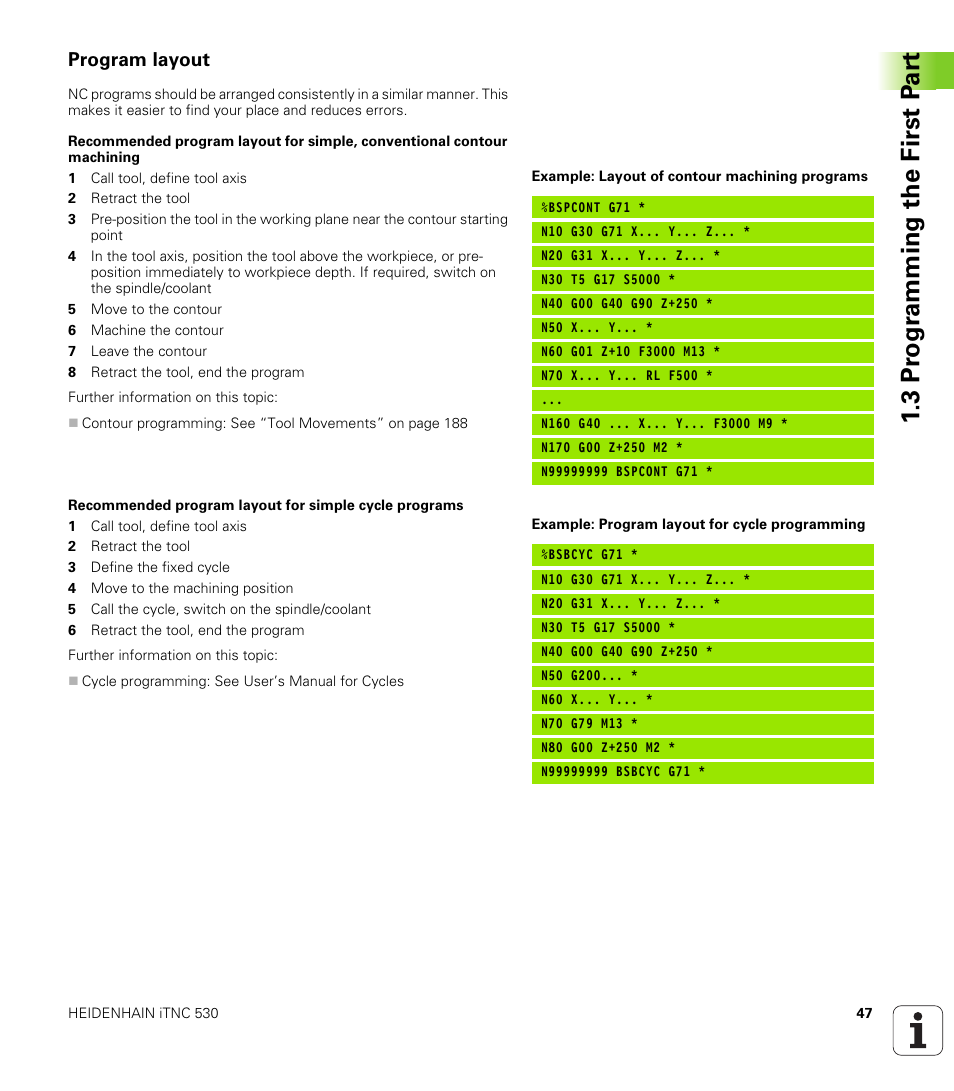 Program layout, 3 pr ogr amming the first p a rt | HEIDENHAIN iTNC 530 (606 42x-01) ISO programming User Manual | Page 47 / 618