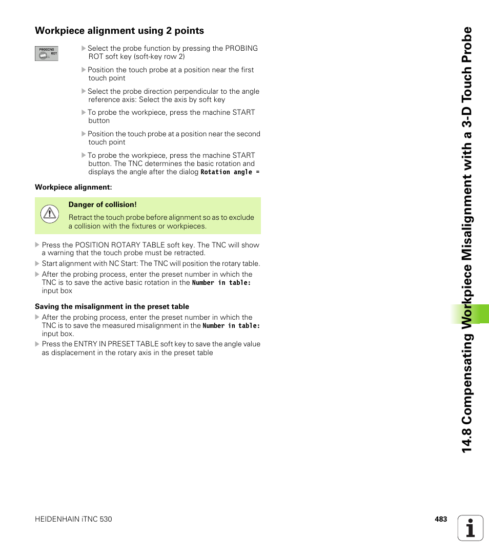 Workpiece alignment using 2 points | HEIDENHAIN iTNC 530 (606 42x-01) ISO programming User Manual | Page 483 / 618