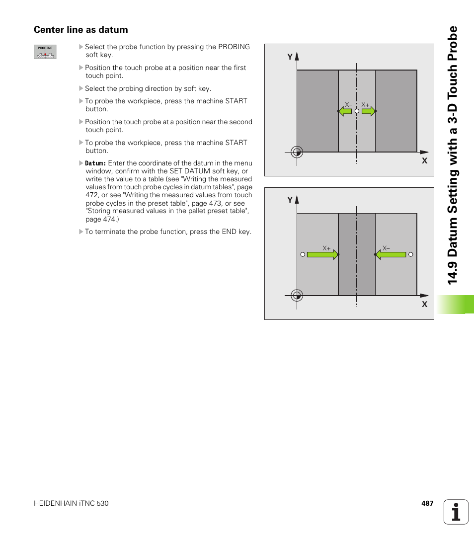 Center line as datum, 9 d a tu m set ting with a 3-d t o uc h pr obe | HEIDENHAIN iTNC 530 (606 42x-01) ISO programming User Manual | Page 487 / 618