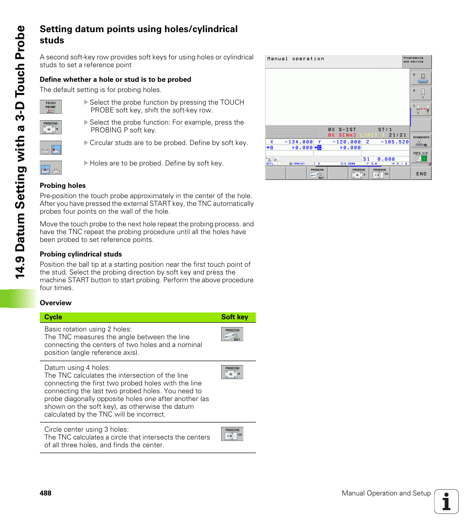 Setting datum points using holes/cylindrical studs, 9 d a tu m set ting with a 3-d t o uc h pr obe | HEIDENHAIN iTNC 530 (606 42x-01) ISO programming User Manual | Page 488 / 618